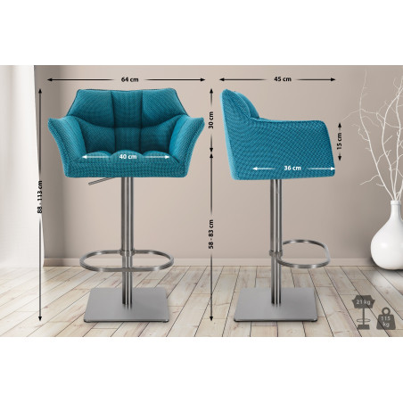 Ensemble de 2 tabourets de bar en tissu Damaso et acier inoxydable turquoise