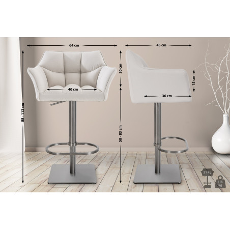 Lot de 2 tabourets de bar en tissu Damaso et acier inoxydable blanc