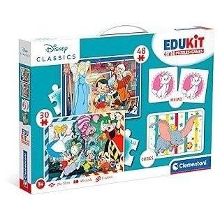 Clementoni - Edukit - Disney - Coffret apprentissage 4 en 1 - 2 puzzles, 1 mémo, 1 jeu de 6 cubes - Fabriqué en Italie - Dés 4an