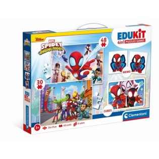 Clementoni - Edukit - Spidey -Coffret apprentissage 4 en 1 - 2 puzzles, 1 mémo, 1 jeu de 6 cubes - Fabriqué en Italie - Dés 4ans