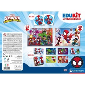 Clementoni - Edukit - Spidey -Coffret apprentissage 4 en 1 - 2 puzzles, 1 mémo, 1 jeu de 6 cubes - Fabriqué en Italie - Dés 4ans