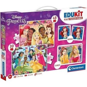 Clementoni - Edukit - Disney Princesses - Coffret apprentissage 4 en 1 - 2 puzzles, 1 mémo, 1 jeu de 6 cubes - Fabriqué en Itali