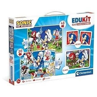 Clementoni - Edukit - Sonic - Coffret apprentissage 4 en 1 - 2 puzzles, 1 mémo, 1 jeu de 6 cubes - Fabriqué en Italie -Dés 4ans