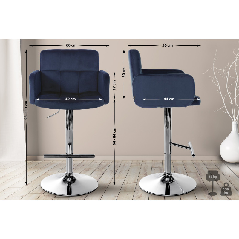 Tabouret de bar Los Angeles velours chrome bleu