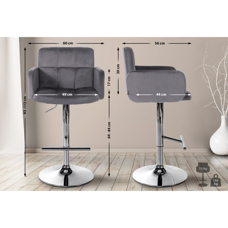 Tabouret de bar Los Angeles velours chrome gris foncé