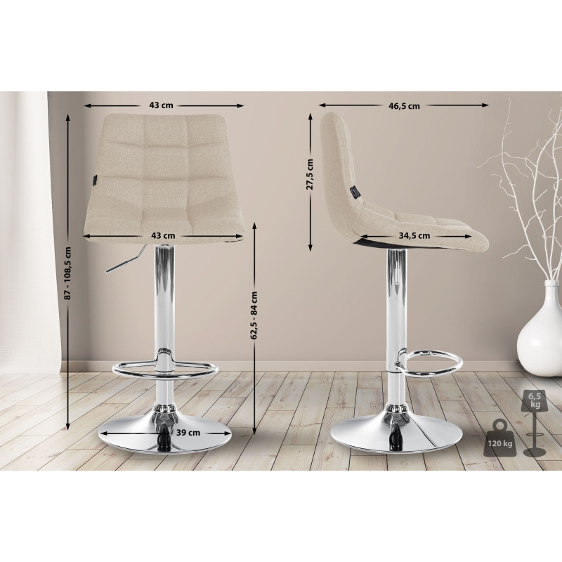 Lot de 2 tabourets de bar Jerry en tissu chromé crème
