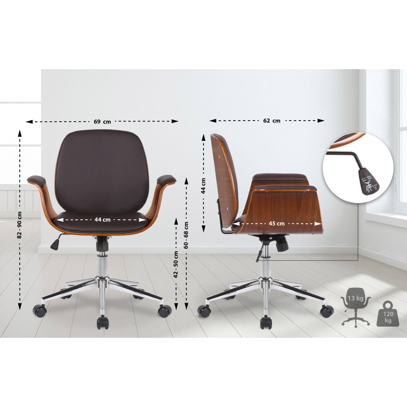 Fauteuil de bureau Kemberg, cuir artificiel, noyer/marron
