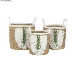 Set de basket Home ESPRIT Blanc Vert Naturel Fibre naturelle Tropical 39 x 39 x 47 cm (3 Pièces)
