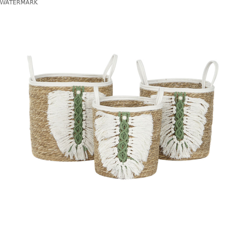 Set de basket Home ESPRIT Blanc Vert Naturel Fibre naturelle Tropical 39 x 39 x 47 cm (3 Pièces)