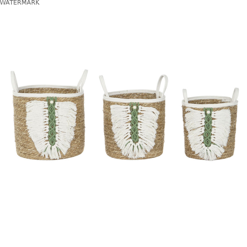 Set de basket Home ESPRIT Blanc Vert Naturel Fibre naturelle Tropical 39 x 39 x 47 cm (3 Pièces)