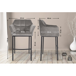 Tabouret de bar Damaso B en velours avec structure à 4 pieds gris