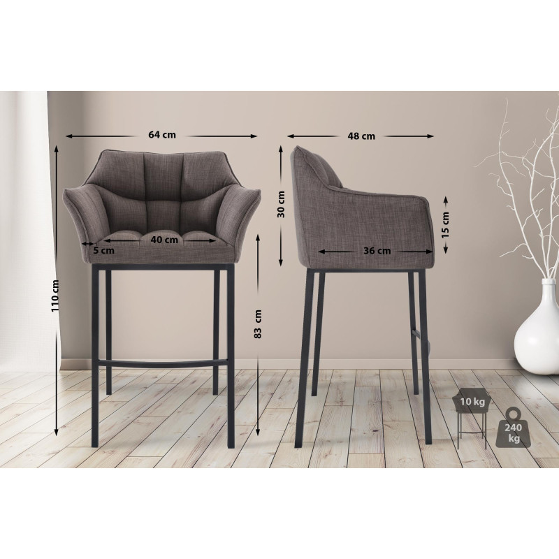 Tabouret de bar Damaso B en tissu avec structure à 4 pieds gris
