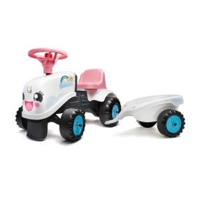 Porteur Tracteur Rainbow Farm avec remorque - FALK - Pour filles des 1 an - Formes rondes et couleurs pastels