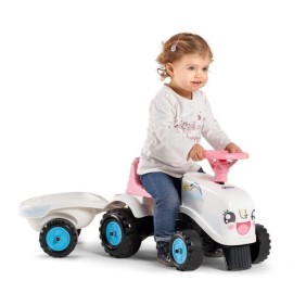 Porteur Tracteur Rainbow Farm avec remorque - FALK - Pour filles des 1 an - Formes rondes et couleurs pastels