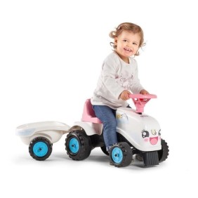 Porteur Tracteur Rainbow Farm avec remorque - FALK - Pour filles des 1 an - Formes rondes et couleurs pastels