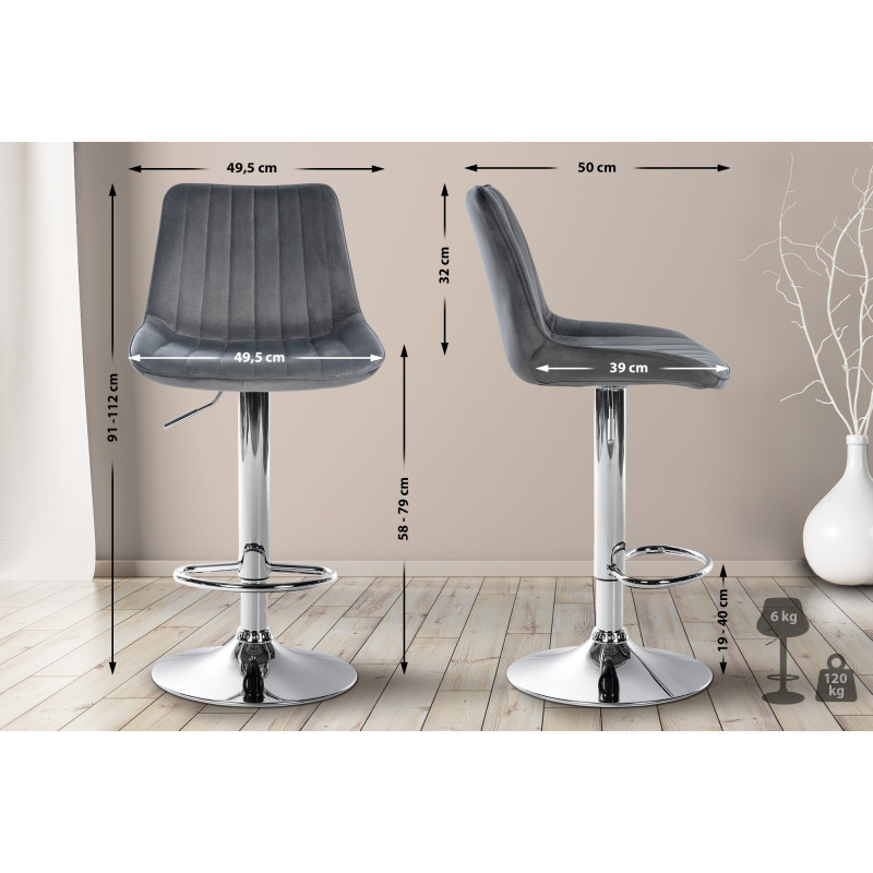 Tabouret de bar Toni velours chrome gris foncé