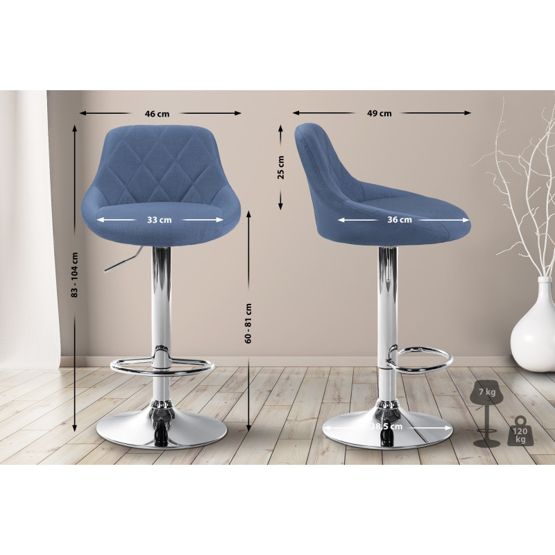 Tabouret de bar Lazio en tissu chromé bleu