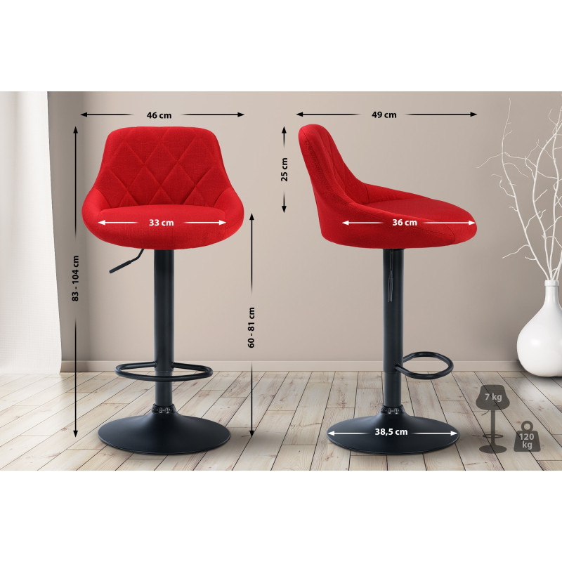 Tabouret de bar Lazio, tissu noir rouge