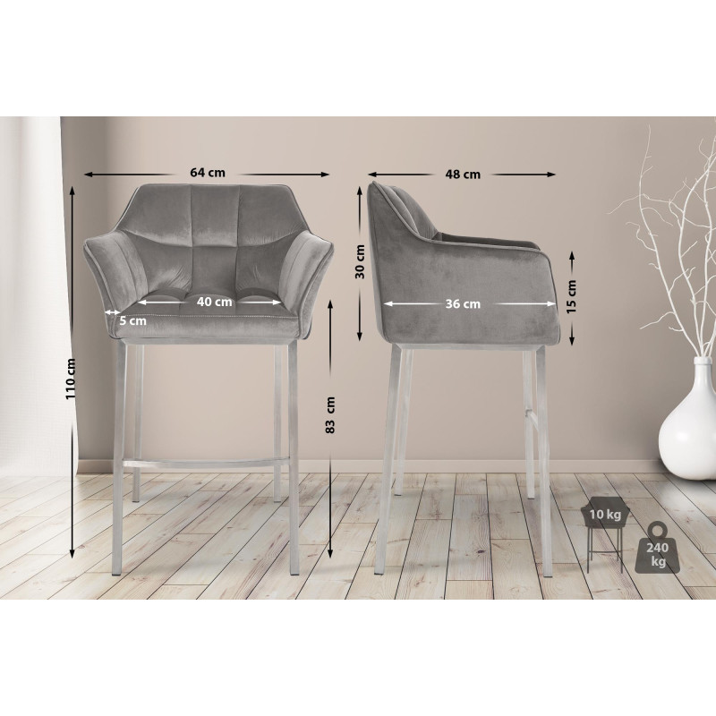 Tabouret de bar Damaso E en velours avec structure à 4 pieds gris