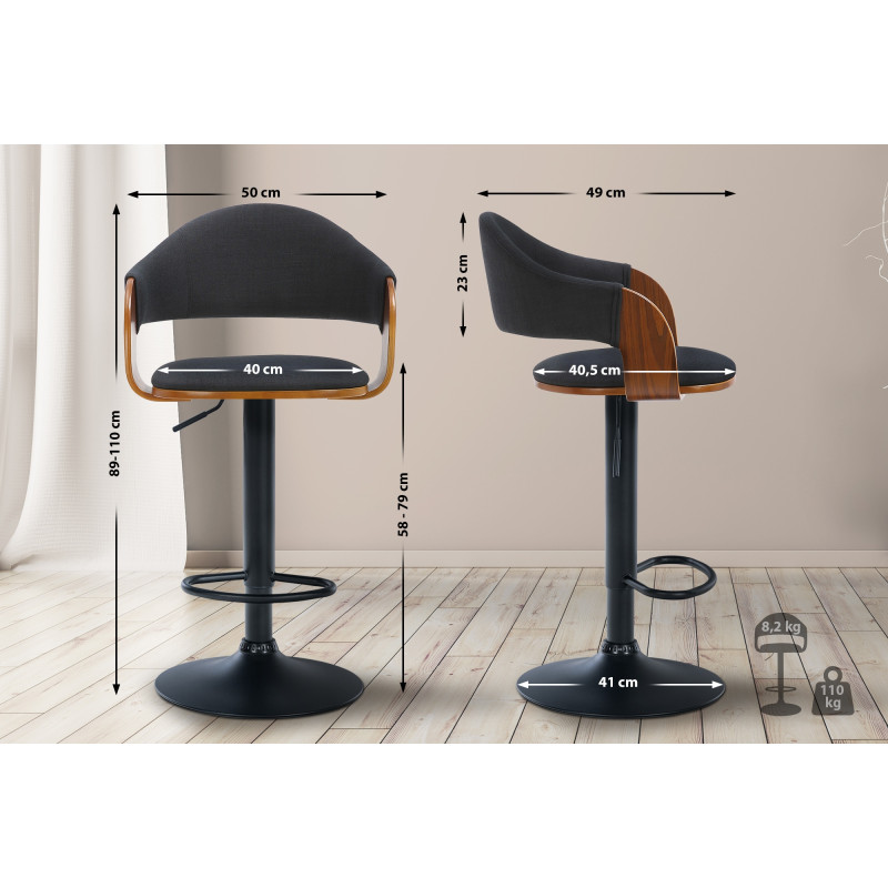 Tabouret de bar Nilse, tissu noir noyer/noir