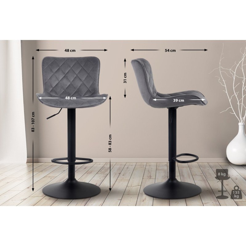 Lot de 2 tabourets de bar en velours Emma gris foncé