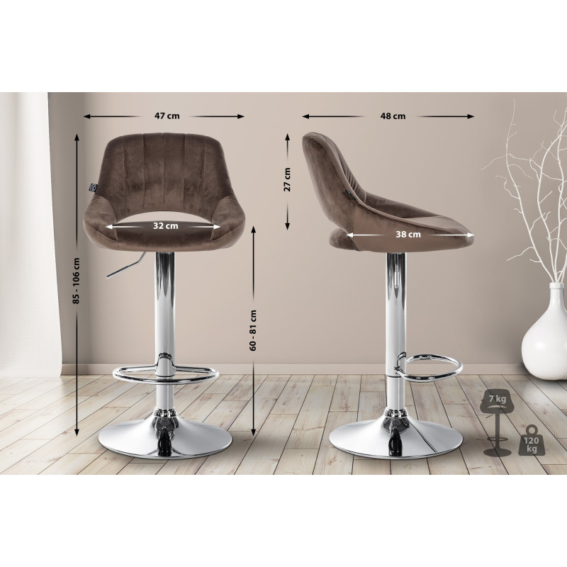 Tabouret de bar en velours Milet, chromé brun