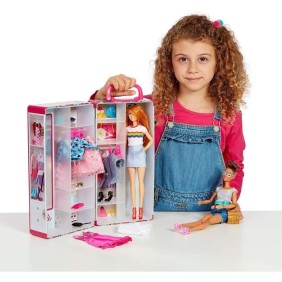 Mallette Armoire Barbie - Klein - Pour Vetements et Accessoires de Poupées - Rose et Multicolore