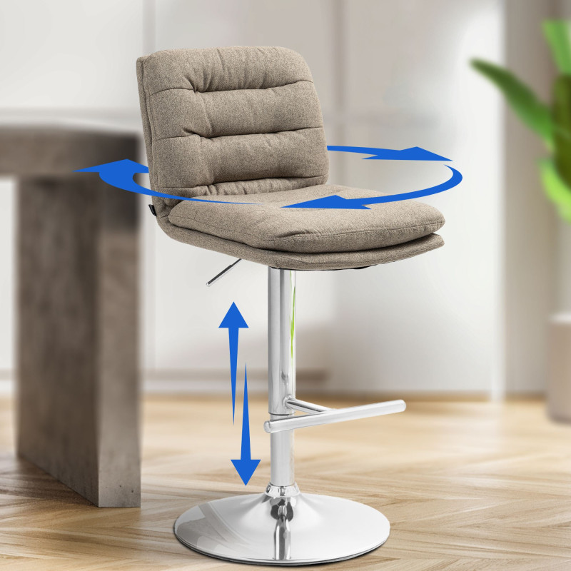 Tabouret de bar Damar, tissu, chrome taupe