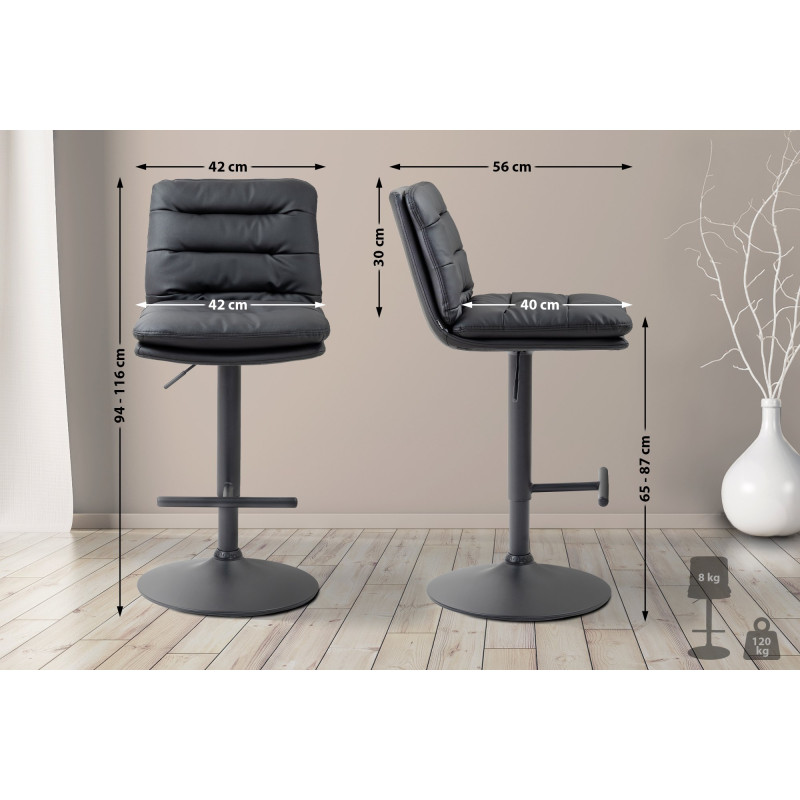 Tabouret de bar Damar, similicuir, noir noir