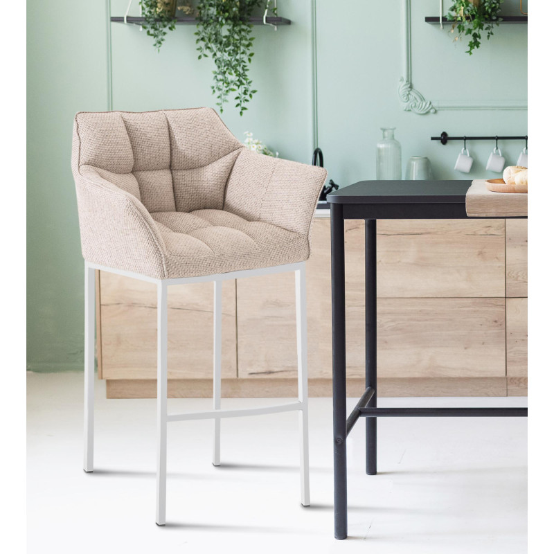 Tabouret de bar en tissu Damaso avec structure à 4 pieds, ivoire