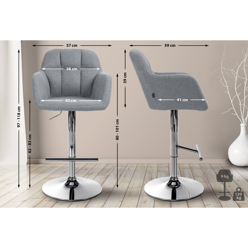 Tabouret de bar Natoma, tissu, chrome gris