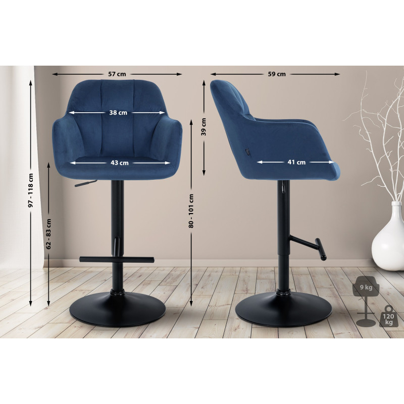 Taburete de bar Natoma en terciopelo Azul,Metal negro mate