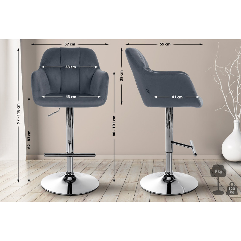 Tabouret de bar Natoma en velours, chromé gris foncé