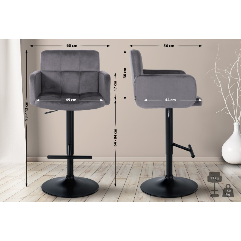 Tabouret de bar Los Angeles velours noir gris foncé