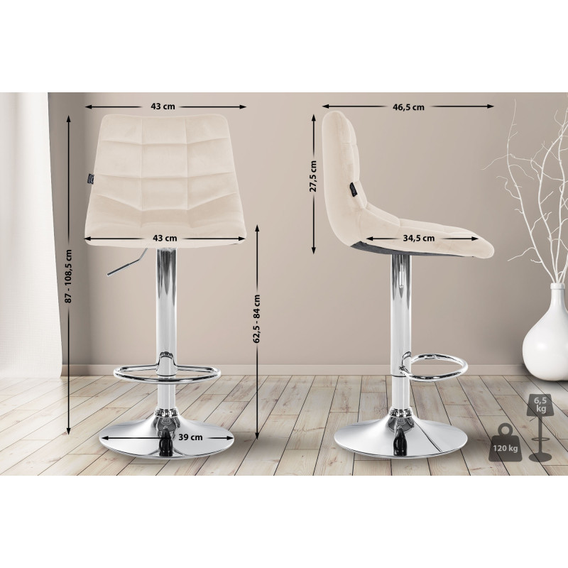 Lot de 2 tabourets de bar Jerry velours chrome crème