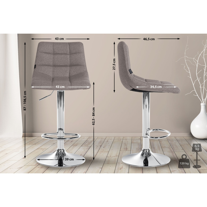 Lot de 2 tabourets de bar Jerry tissu gris chrome