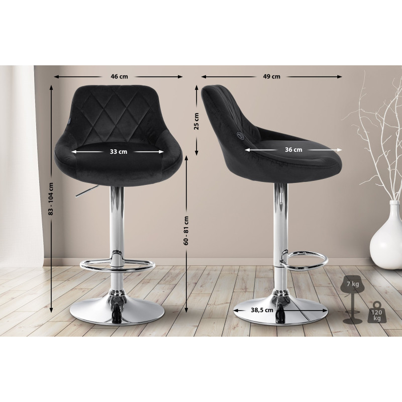 Lot de 2 tabourets de bar Lazio, velours, chrome-noir