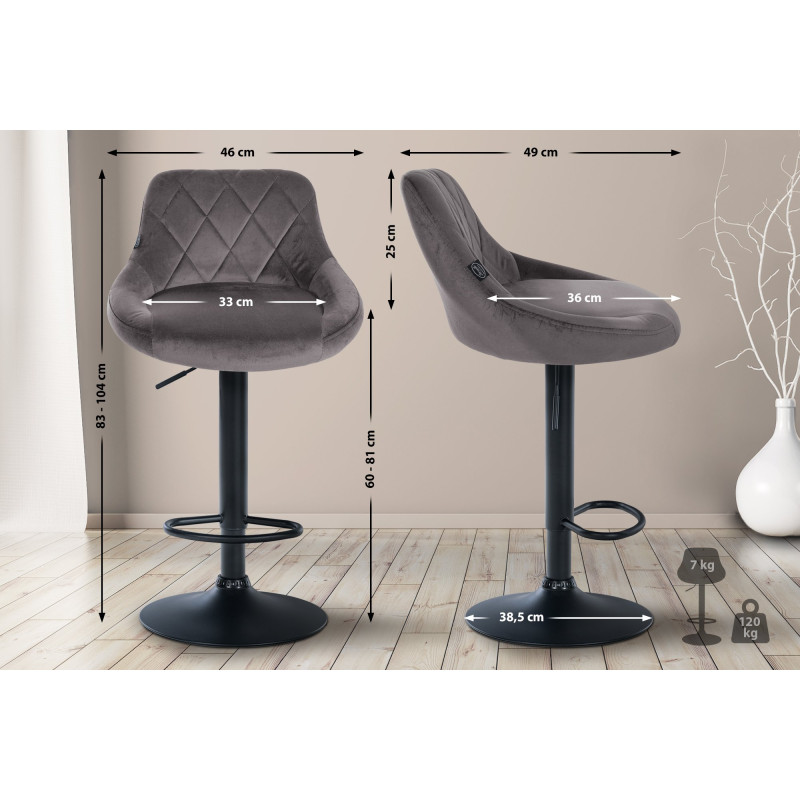 Lot de 2 tabourets de bar Lazio en velours noir gris