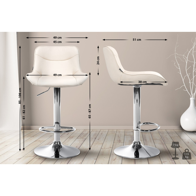 Tabouret de bar Vonore simili cuir chrome crème