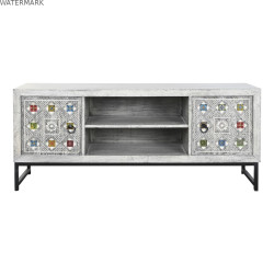 Meubles de télévision DKD Home Decor Blanc Beige Gris Multicouleur Céramique Bois de manguier 130 x 40 x 56 cm