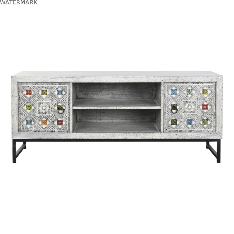 Meubles de télévision DKD Home Decor Blanc Beige Gris Multicouleur Céramique Bois de manguier 130 x 40 x 56 cm