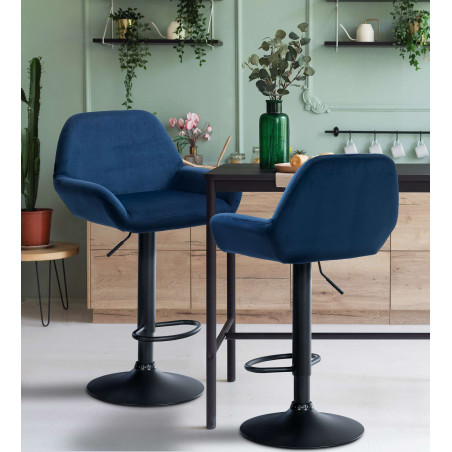 Lot de 2 tabourets de bar Braga en velours noir bleu