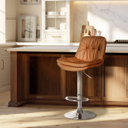 Tabouret de bar Laurel, similicuir, chrome, marron clair