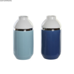 Vase DKD Home Decor 12,5 x 12,5 x 25 cm Blanc Bleu ciel Blue marine Grès (2 Unités)