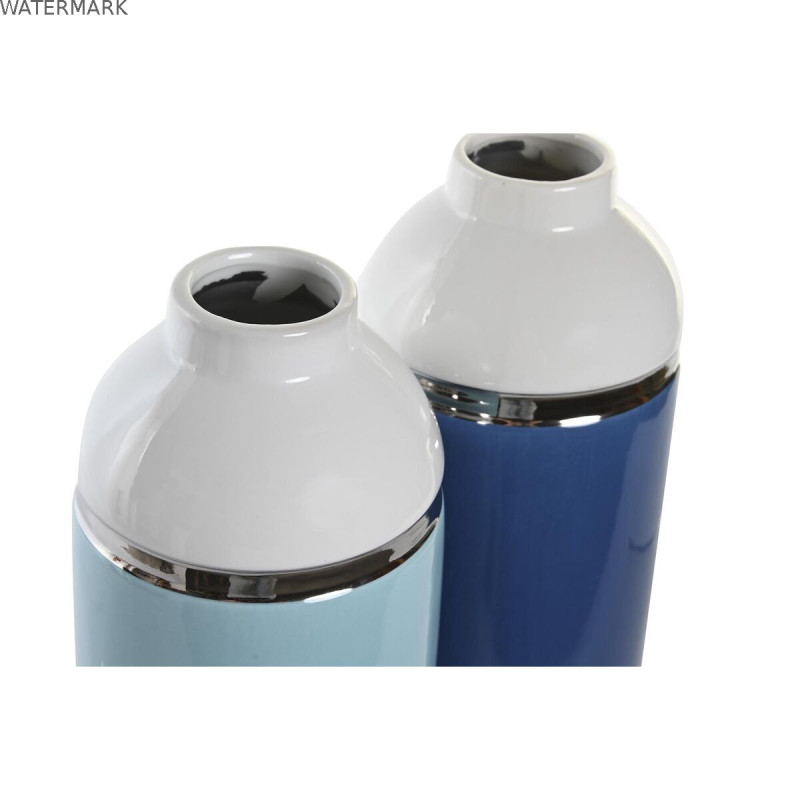 Vase DKD Home Decor 12,5 x 12,5 x 25 cm Blanc Bleu ciel Blue marine Grès (2 Unités)