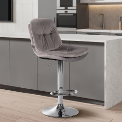 Tabouret de bar Laurel, velours, chrome gris