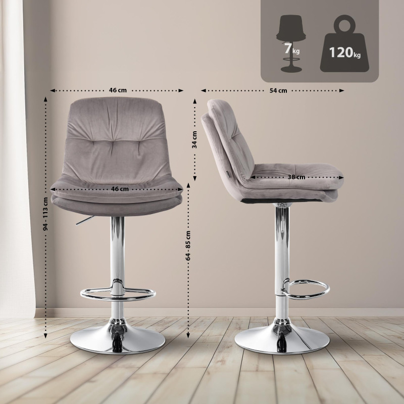 Tabouret de bar Laurel velours gris chrome