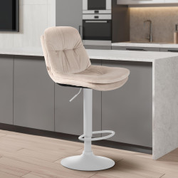 Tabouret de bar en velours Laurel, blanc crème