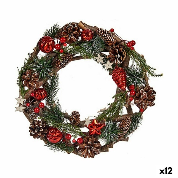 Couronne de Noël Marron Rouge Vert Bois Plastique 30 x 8 x 30 cm (12 Unités)