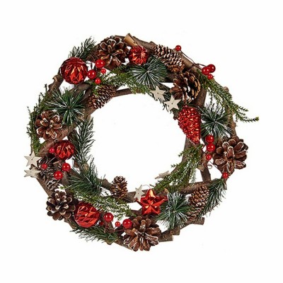 Couronne de Noël Marron Rouge Vert Bois Plastique 30 x 8 x 30 cm (12 Unités)